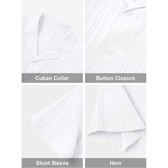 Men White Casual Cuban Lightweight Short Sleeve Button Down Shirt Textured Beach - Picture 2 of 9
